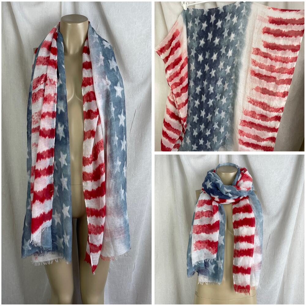 American Flag Sheer Blanket Scarf Eyelash Fringe Raw Edge USA 4th July Patriotic